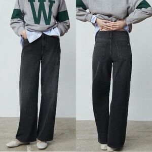 ZARA High Rise Wide Leg Cotton Denim Jeans in Washed Black Size 2